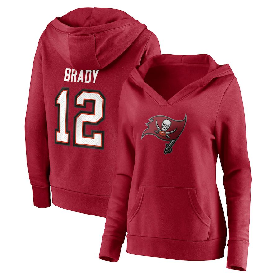 Women Tampa Bay Buccaneers 12 Tom Brady Fanatics Branded Red Player Icon Name & Number Pullover Hoodie